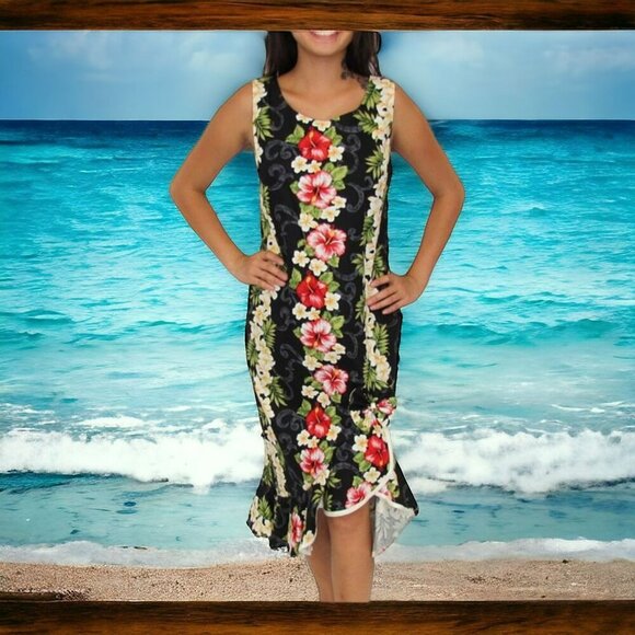 Two Palms Floral Hawaii Sleeveless Midi Ruffle Slit Dress Womens Size M - Picture 2 of 9